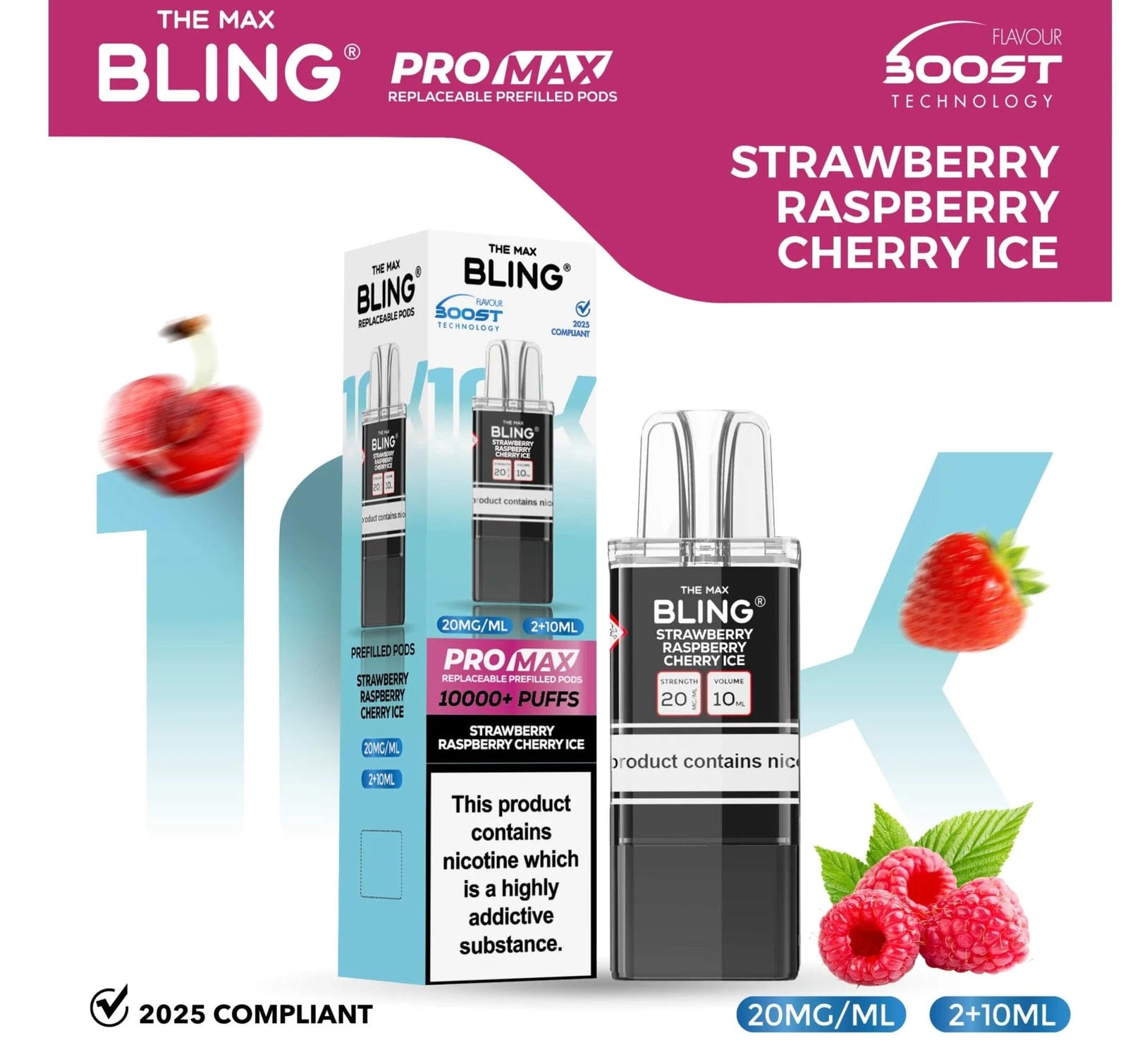 The Bling 10K Pro Max Replacement Prefilled Pods - Box of 5 Available In Strawberry Raspberry Cherry Ice Flavour 
