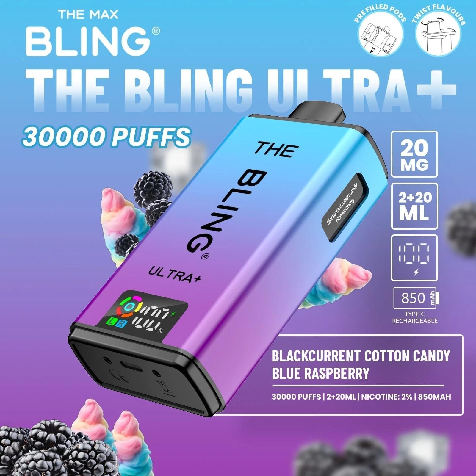 The Bling Ultra Plus 30k Prefilled Vape Pod Kit Box of 5, Black Current Cotton Candy, Blue Raspberry Flavour