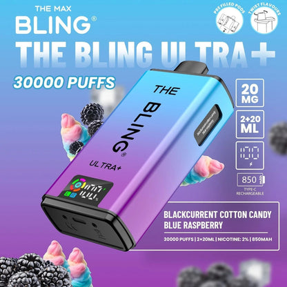 The Bling Ultra Plus 30k Prefilled Vape Pod Kit Box of 5, Black Current Cotton Candy, Blue Raspberry Flavour