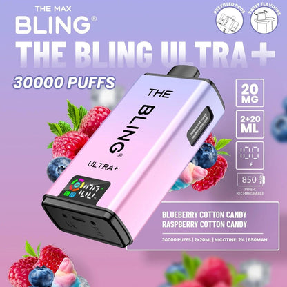 The Bling Ultra Plus 30k Prefilled Vape Pod Kit Box of 5, Blueberry Cotton Candy, Raspberry Cotton Candy Flavour