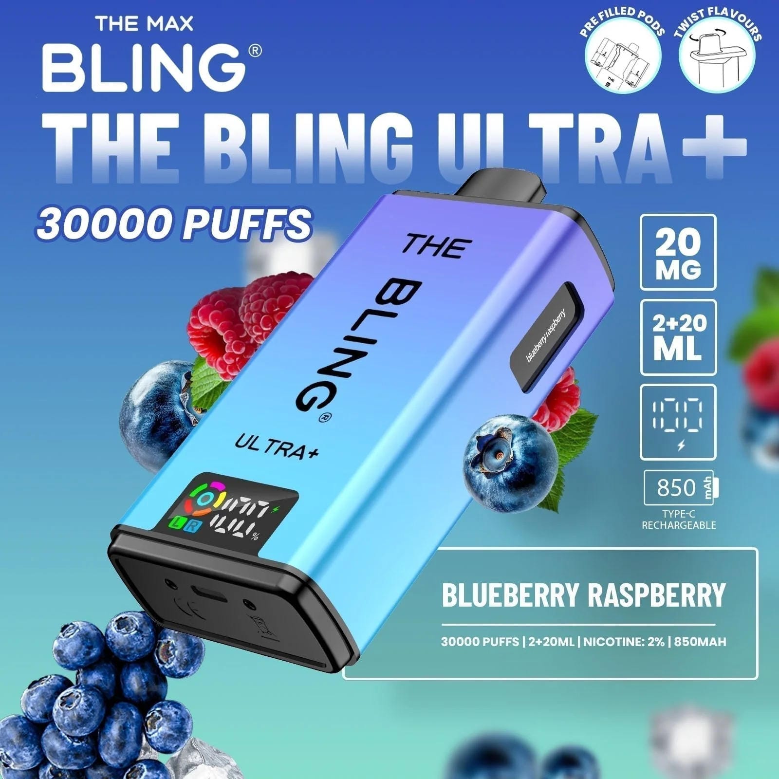 The Bling Ultra Plus 30k Prefilled Vape Pod Kit Box of 5, Blueberry Raspberry Flavour