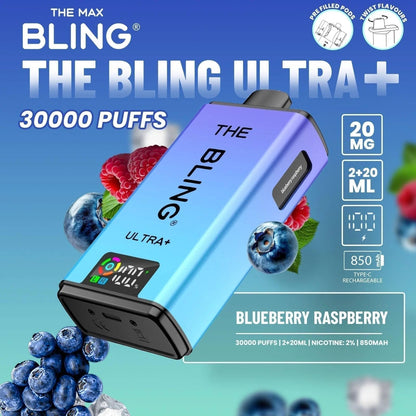 The Bling Ultra Plus 30k Prefilled Vape Pod Kit Box of 5, Blueberry Raspberry Flavour