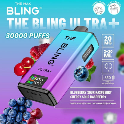 The Bling Ultra Plus 30k Prefilled Vape Pod Kit Box of 5, Blueberry Sour Raspberry, Cherry Sour Raspberry Flavour