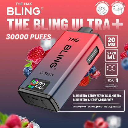 The Bling Ultra Plus 30k Prefilled Vape Pod Kit Box of 5, Blueberry Strawberry Blackberry, Blueberry Cherry Cranberry Flavour