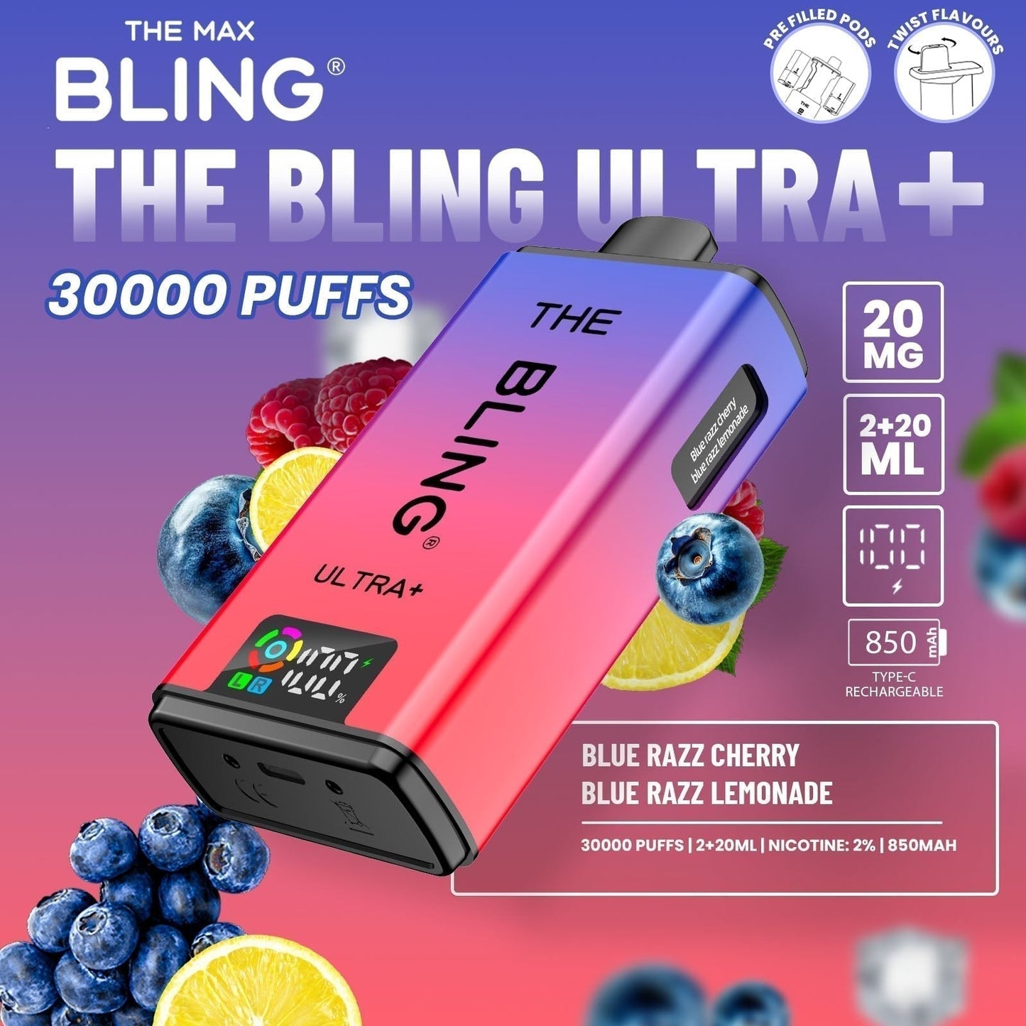 The Bling Ultra Plus 30k Prefilled Vape Pod Kit Box of 5, Blue Razz Cherry, Blue Razz Lemonade Flavour