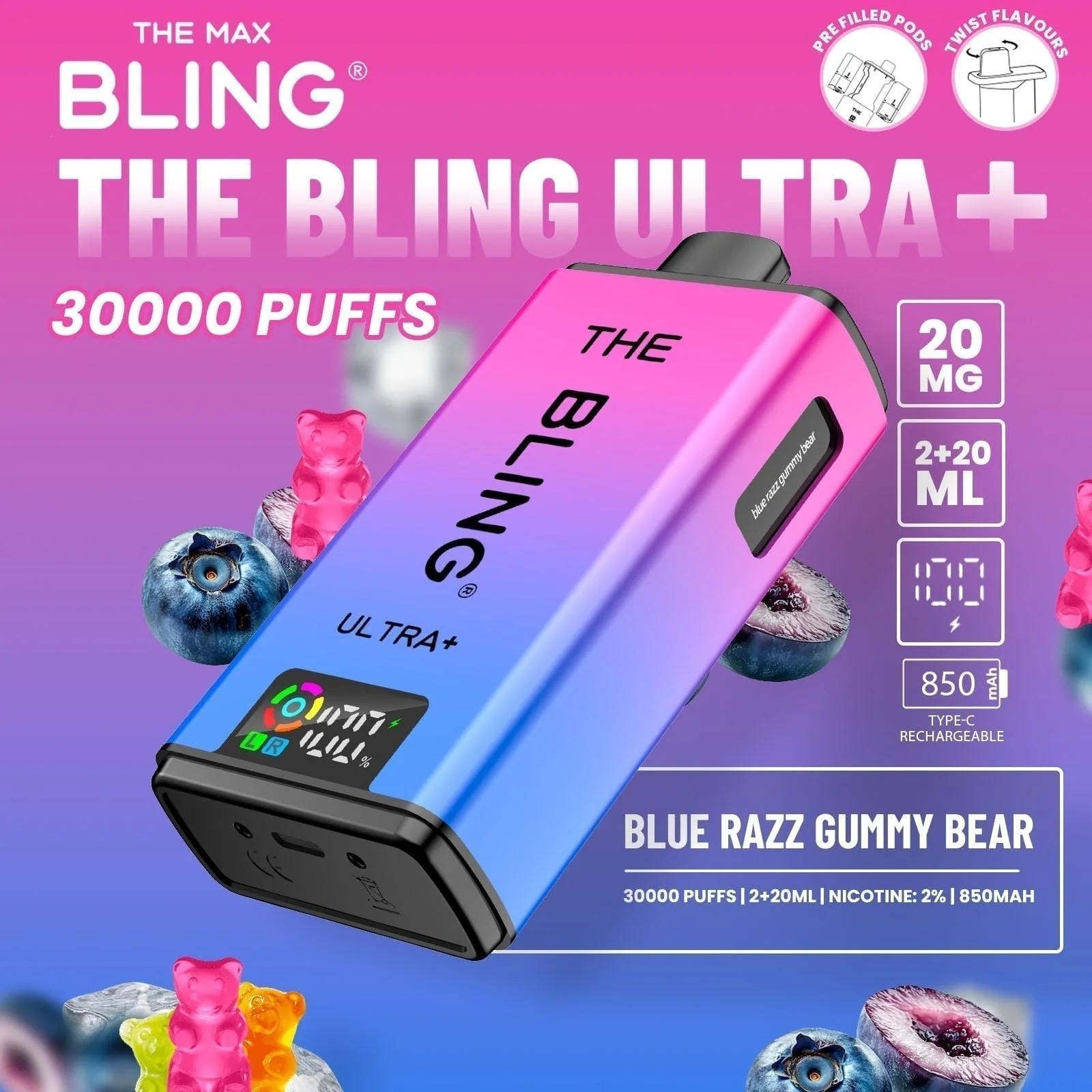 The Bling Ultra Plus 30k Prefilled Vape Pod Kit Box of 5, Blue Razz Gummy Bear Flavour