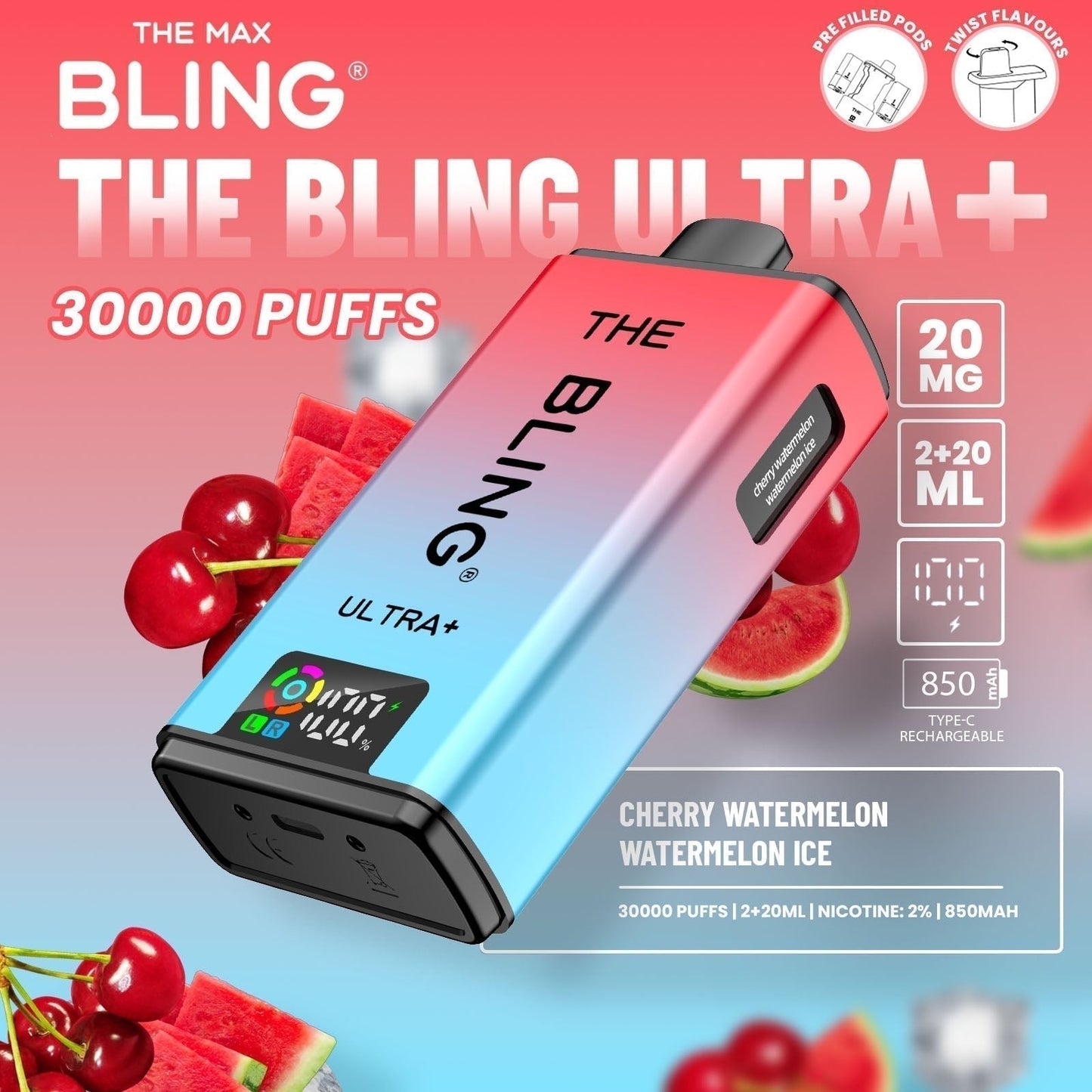 The Bling Ultra Plus 30k Prefilled Vape Pod Kit Box of 5, Cherry Watermelon, Watermelon Ice Flavour