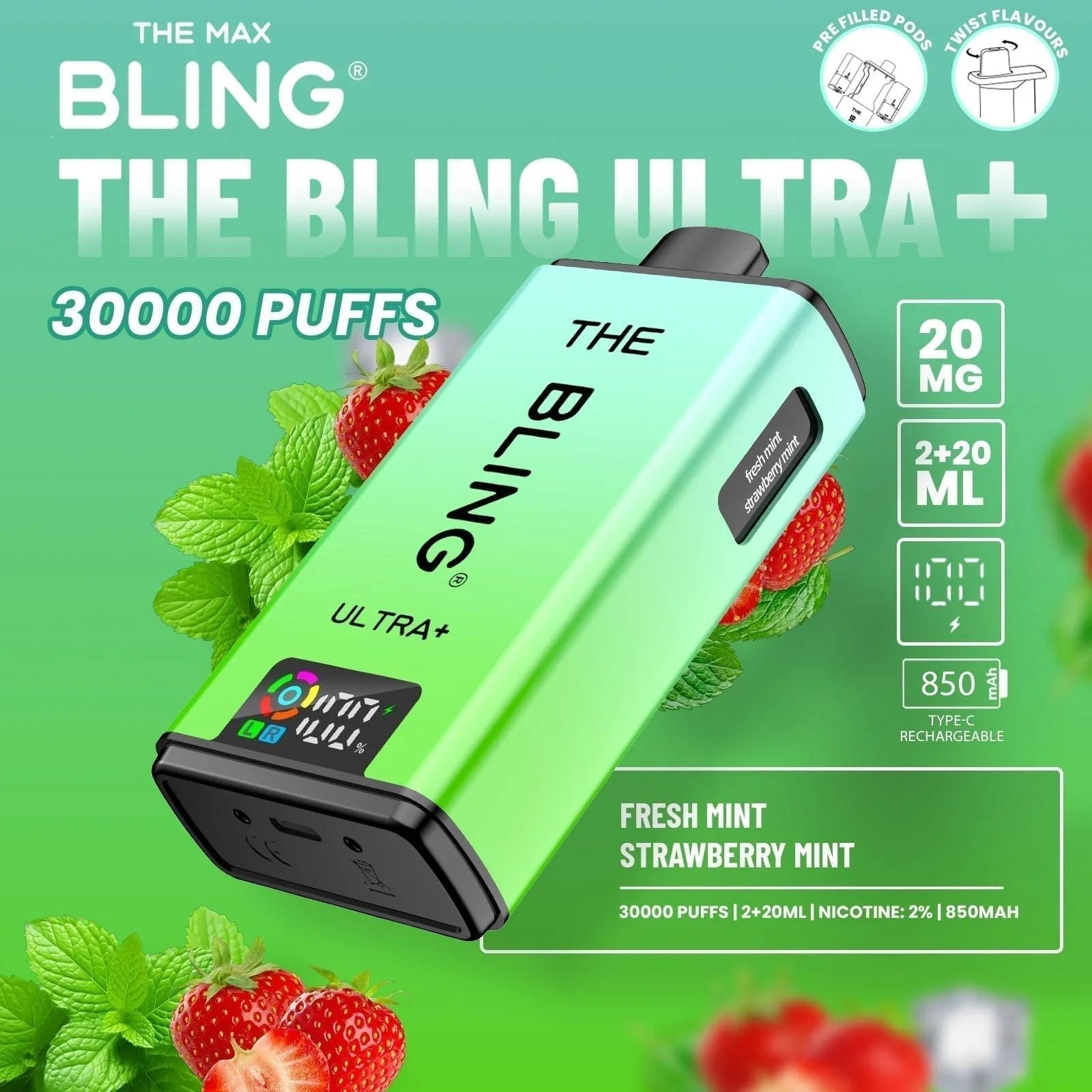 The Bling Ultra Plus 30k Prefilled Vape Pod Kit Box of 5, Fresh Mint, Strawberry Mint Flavour