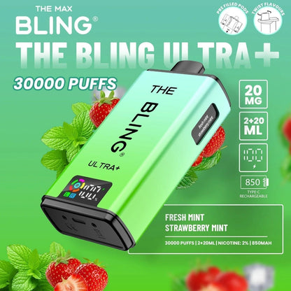 The Bling Ultra Plus 30k Prefilled Vape Pod Kit Box of 5, Fresh Mint, Strawberry Mint Flavour