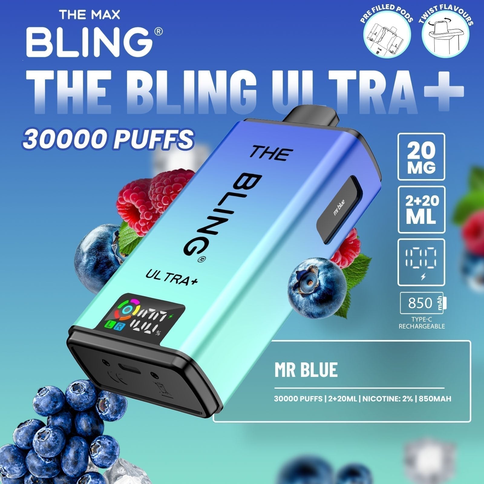 The Bling Ultra Plus 30k Prefilled Vape Pod Kit Box of 5, Mr Blue Flavour