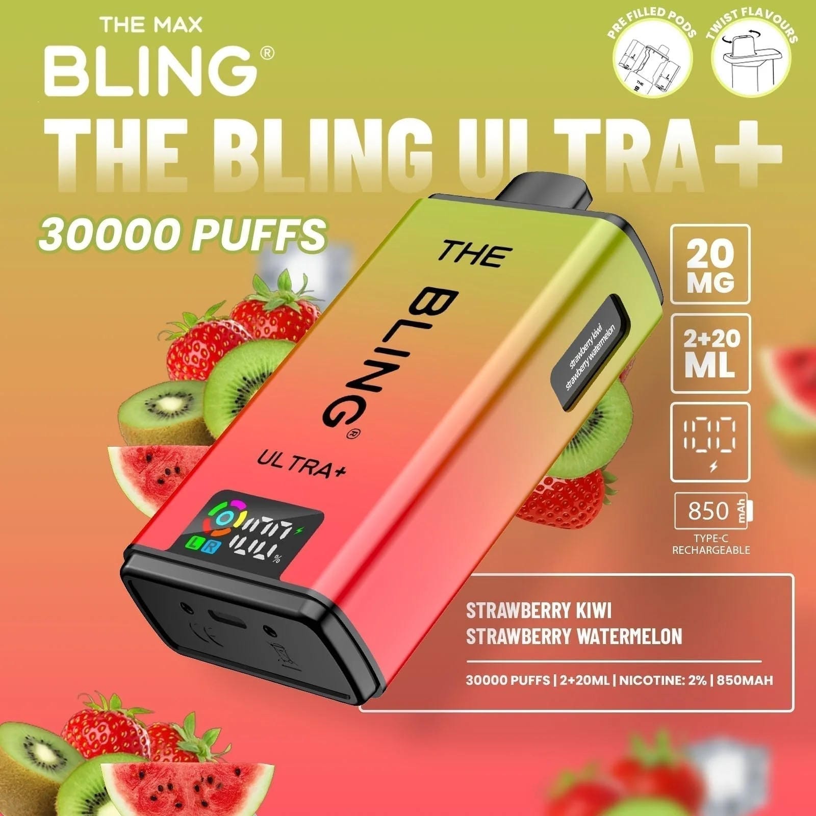 The Bling Ultra Plus 30k Prefilled Vape Pod Kit Box of 5, Strawberry Kiwi, Strawberry Watermelon Flavour