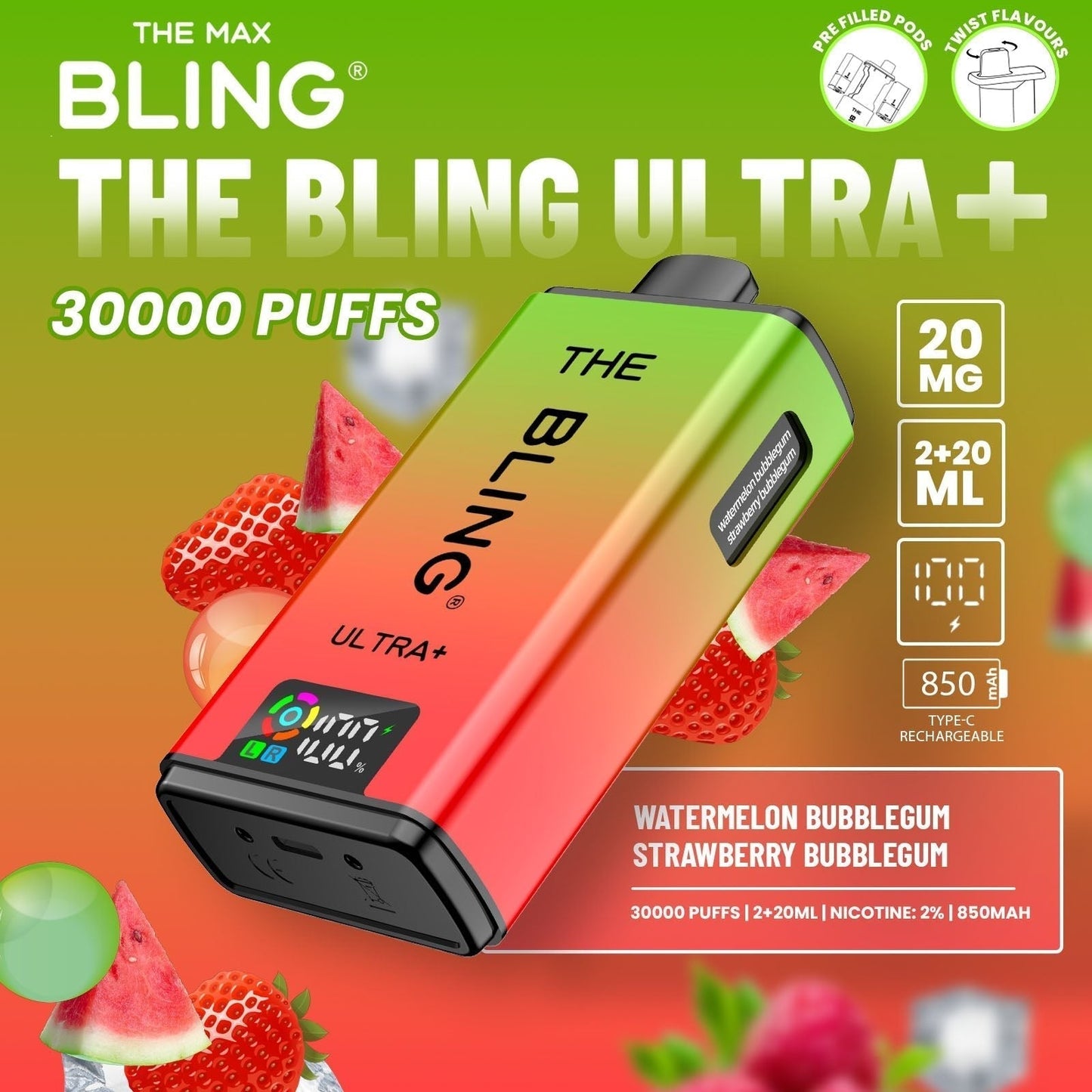 The Bling Ultra Plus 30k Prefilled Vape Pod Kit Box of 5, Watermelon Bubble Gum, Strawberry Bubble Gum Flavour