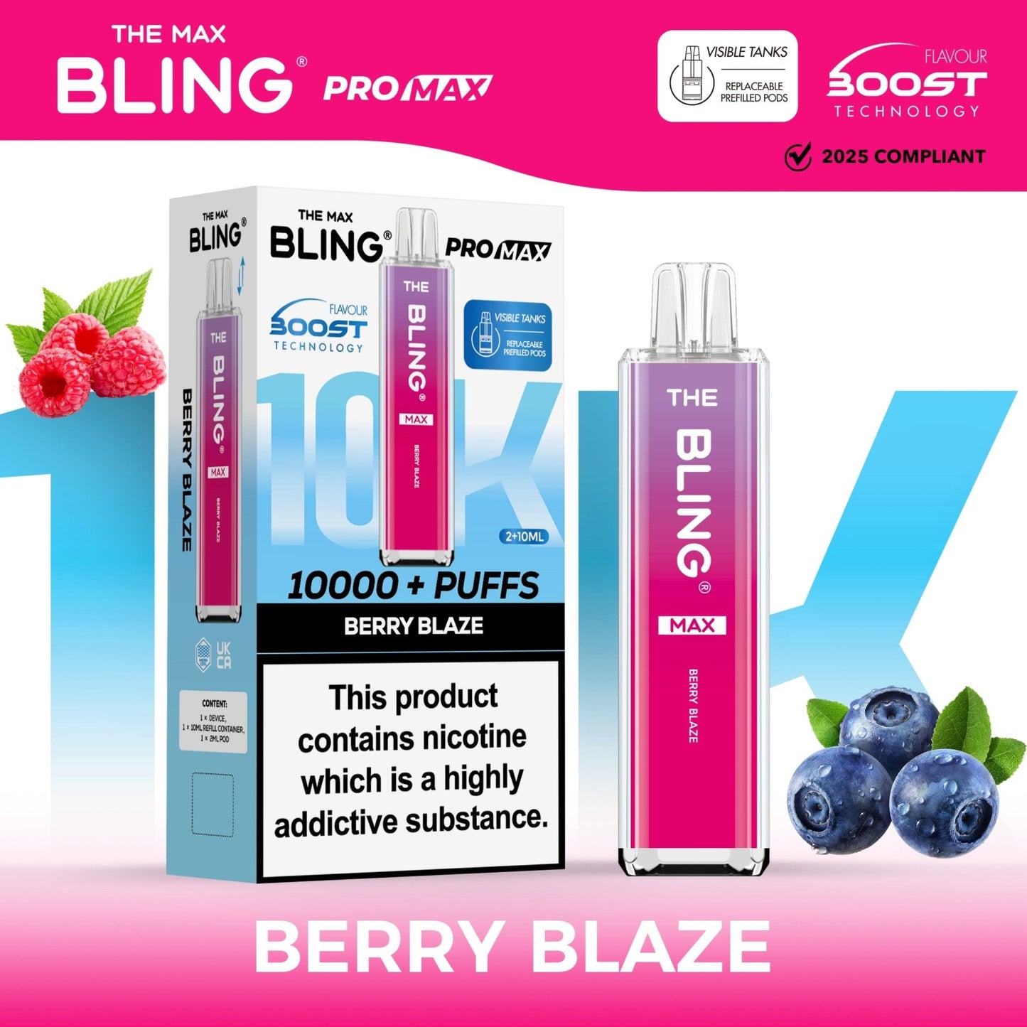 The Crystal Bling Max 10K Prefilled Pod Kit Box of 5, Berry Blaze Flavour