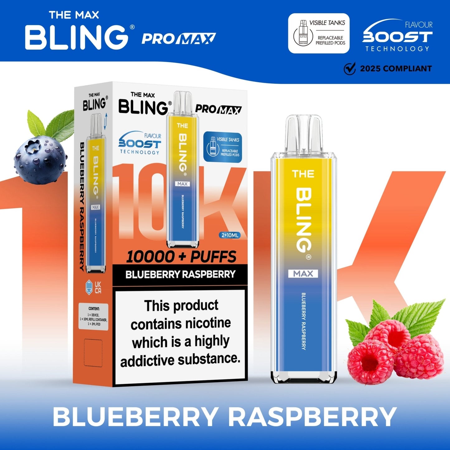 The Crystal Bling Max 10K Prefilled Pod Kit Box of 5, Blueberry Raspberry Flavour