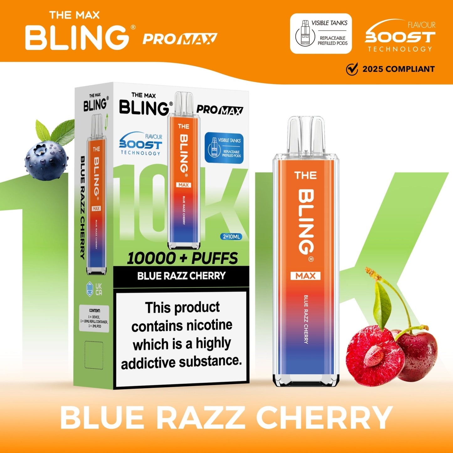 The Crystal Bling Max 10K Prefilled Pod Kit Box of 5, Blue Razz Cherry Flavour