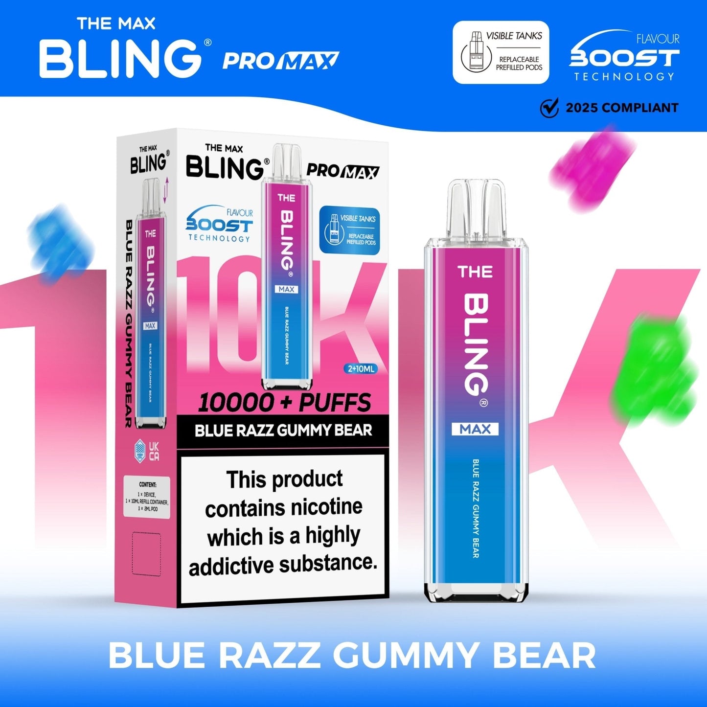 The Crystal Bling Max 10K Prefilled Pod Kit Box of 5, Blue Razz Gummy Bear Flavour