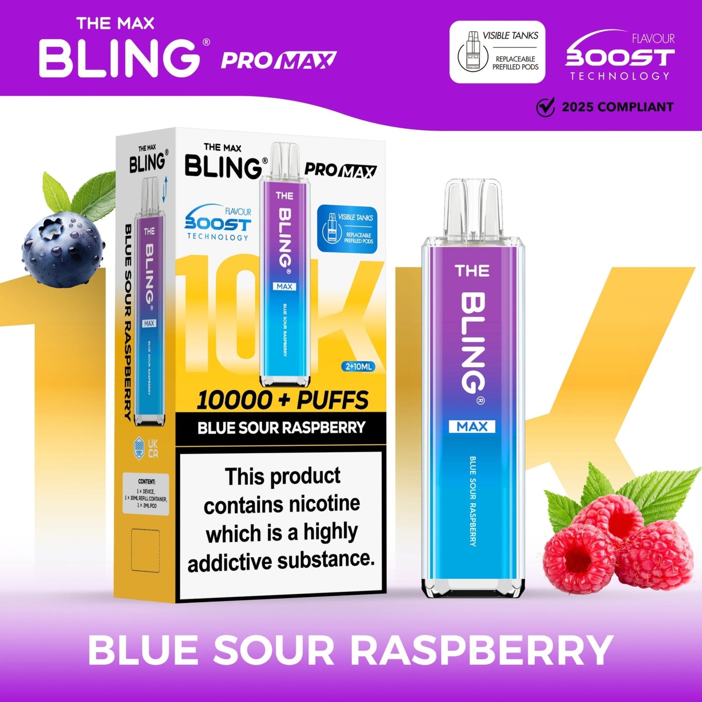 The Crystal Bling Max 10K Prefilled Pod Kit Box of 5, Blue Sour Raspberry Flavour