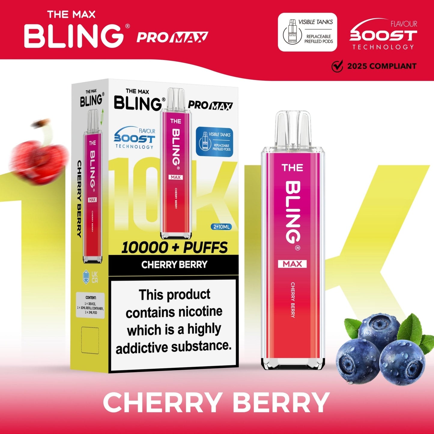 The Crystal Bling Max 10K Prefilled Pod Kit Box of 5, Cherry Berry Flavour