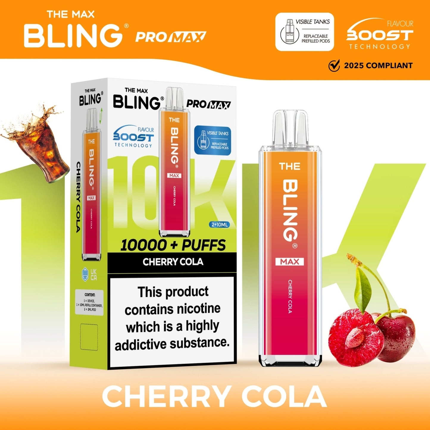 The Crystal Bling Max 10K Prefilled Pod Kit Box of 5, Cherry Cola Flavour