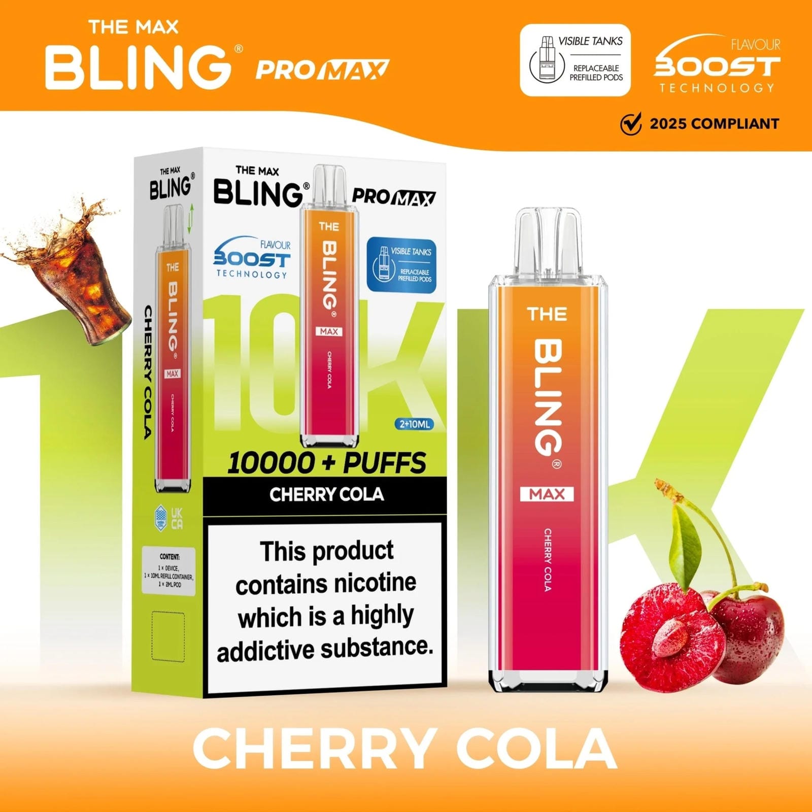 The Crystal Bling Max 10K Prefilled Pod Kit Box of 5, Cherry Cola Flavour