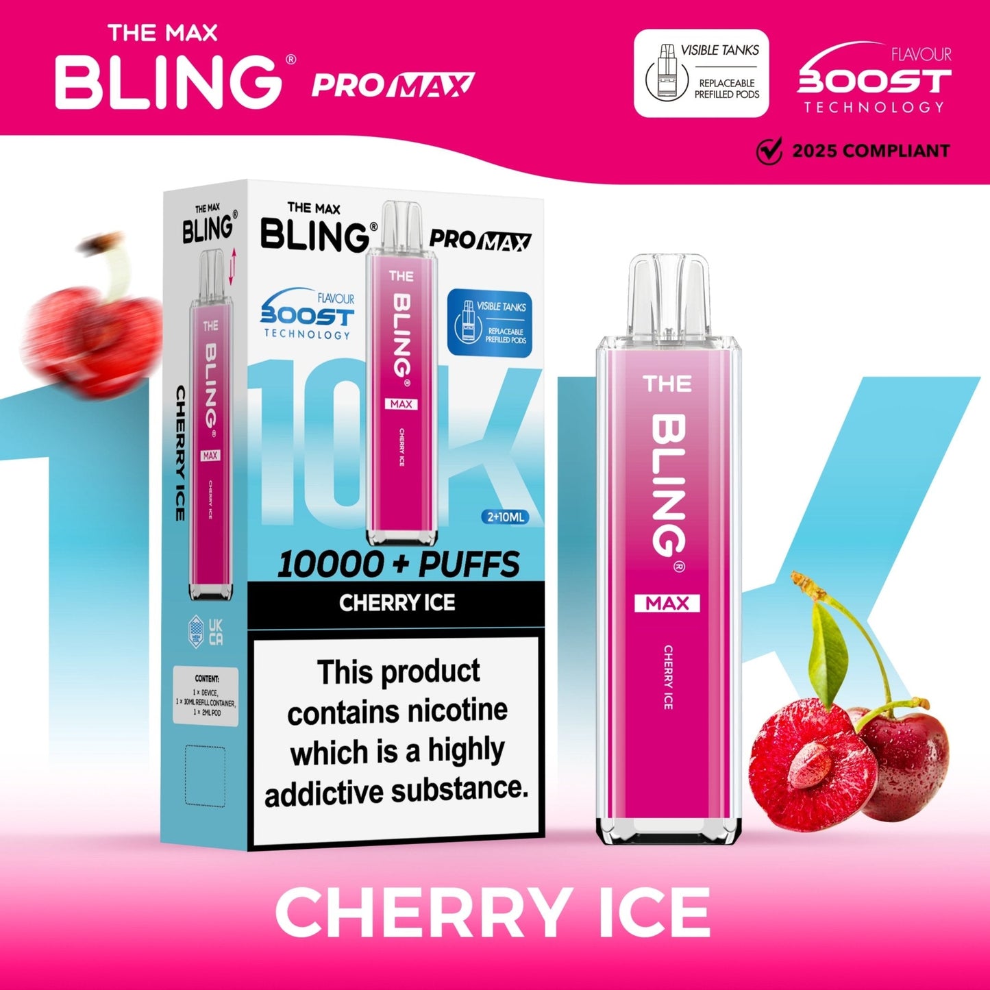 The Crystal Bling Max 10K Prefilled Pod Kit Box of 5, Cherry Ice Flavour