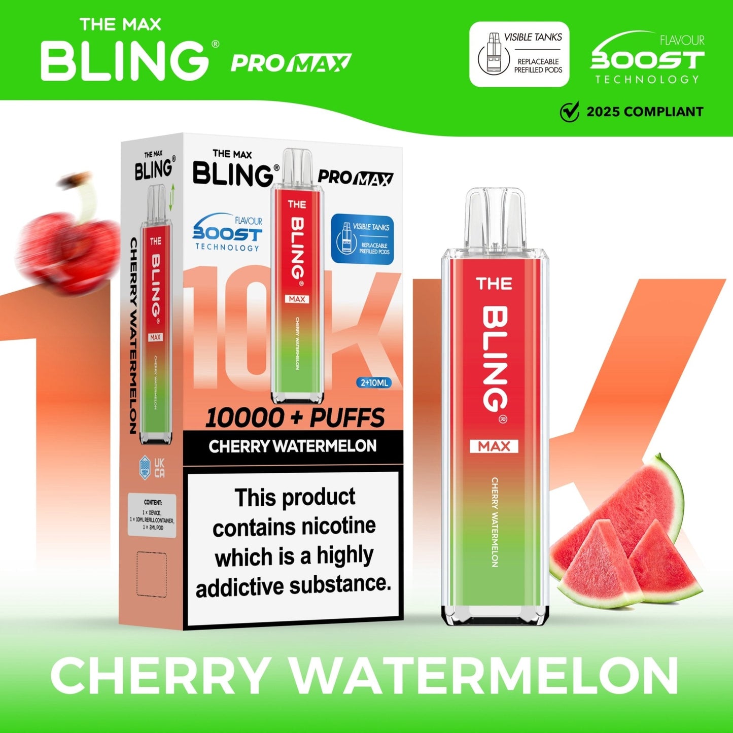 The Crystal Bling Max 10K Prefilled Pod Kit Box of 5, Cherry Watermelon Flavour