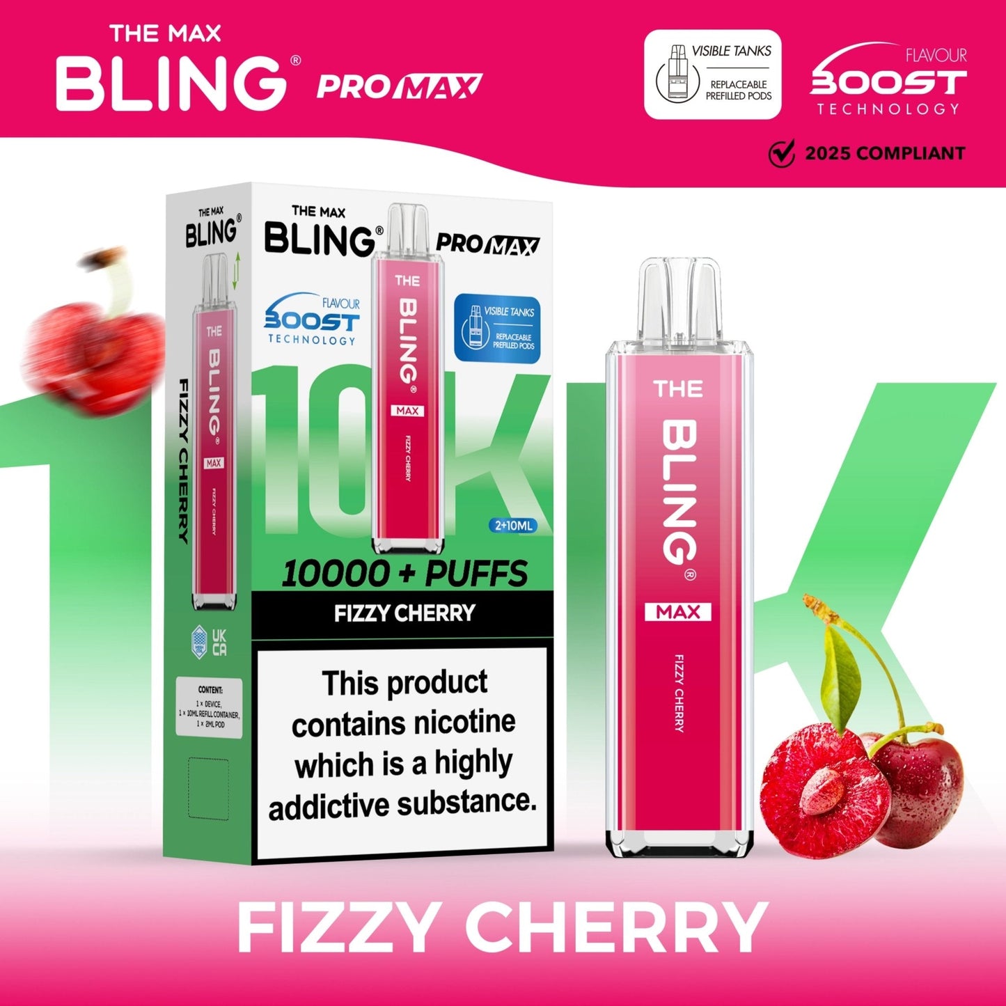 The Crystal Bling Max 10K Prefilled Pod Kit Box of 5, Fizzy Cherry Flavour