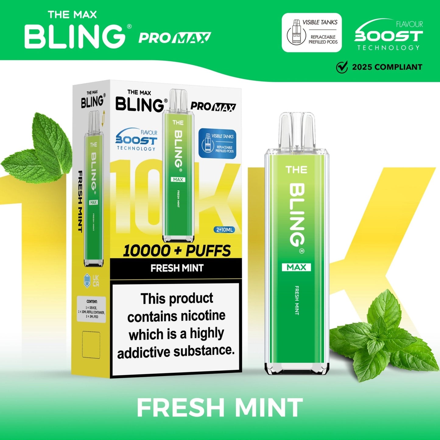 The Crystal Bling Max 10K Prefilled Pod Kit Box of 5, Fresh Mint Flavour