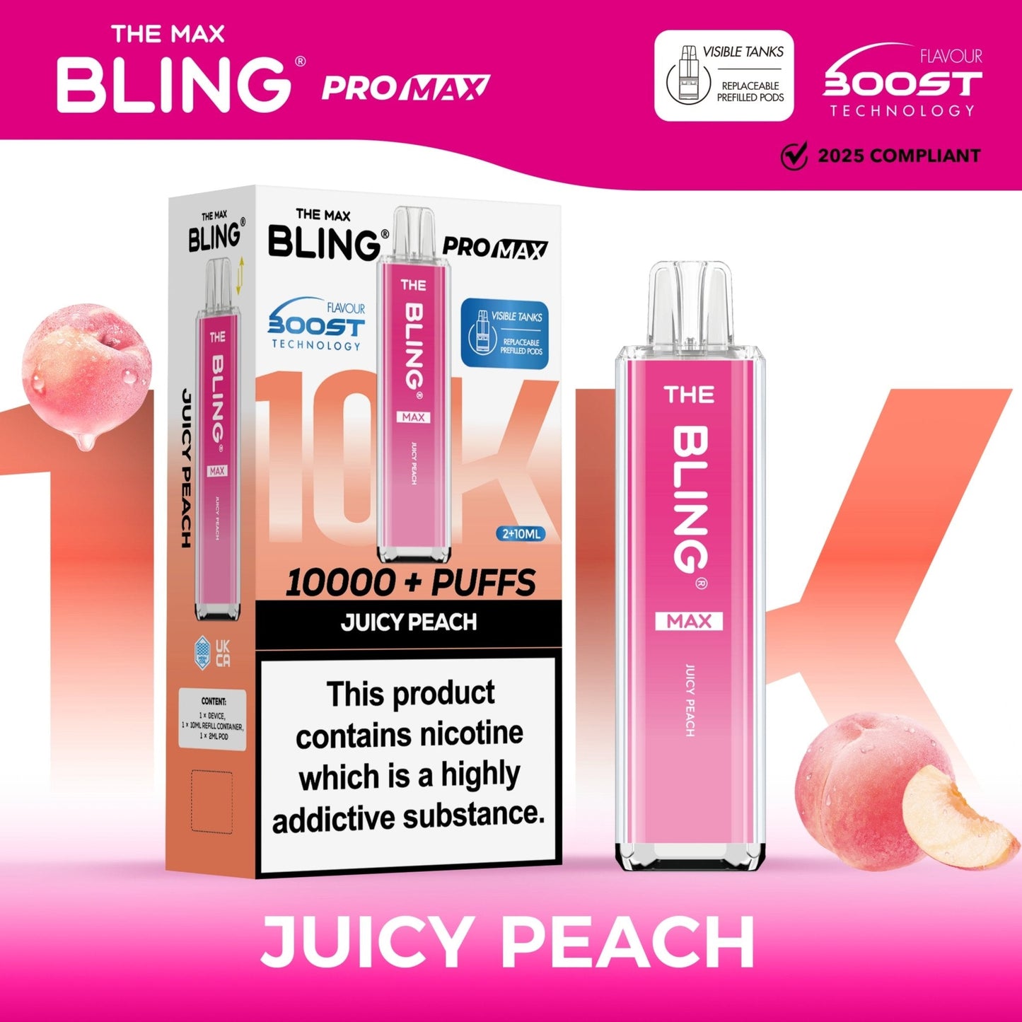The Crystal Bling Max 10K Prefilled Pod Kit Box of 5, Juicy Peach Flavour