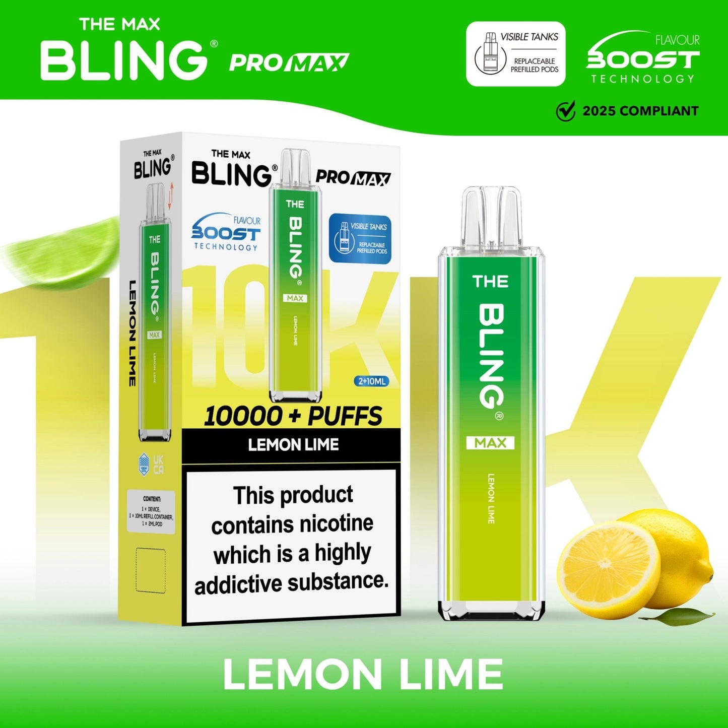 The Crystal Bling Max 10K Prefilled Pod Kit Box of 5, Lemon Lime Flavour