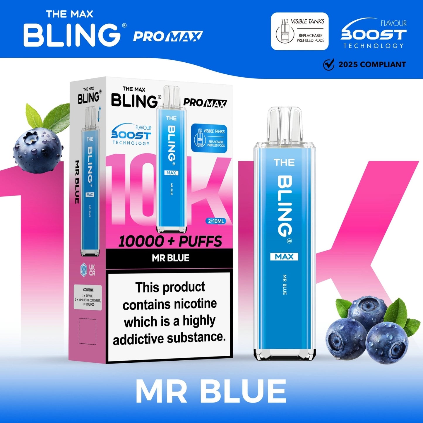 The Crystal Bling Max 10K Prefilled Pod Kit Box of 5, Mr Blue Flavour