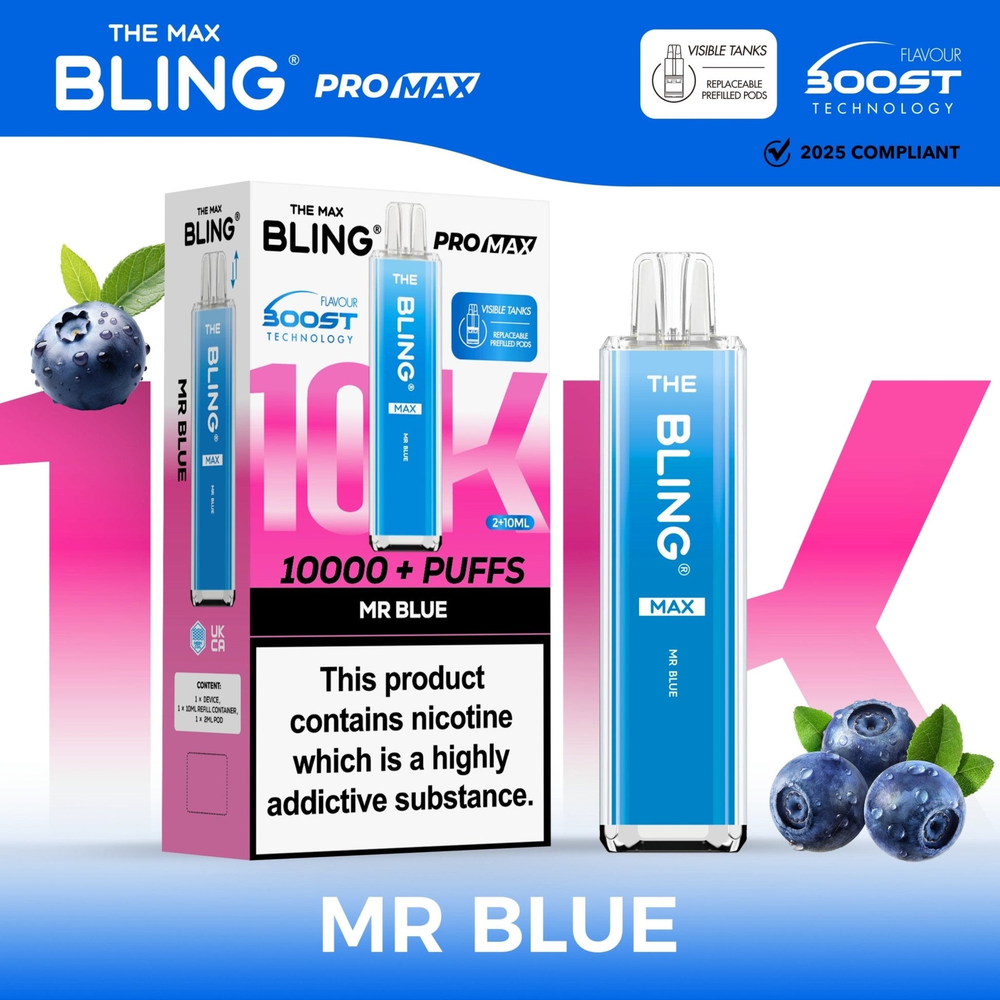 The Crystal Bling Max 10K Prefilled Pod Kit Box of 5, Mr Blue Flavour