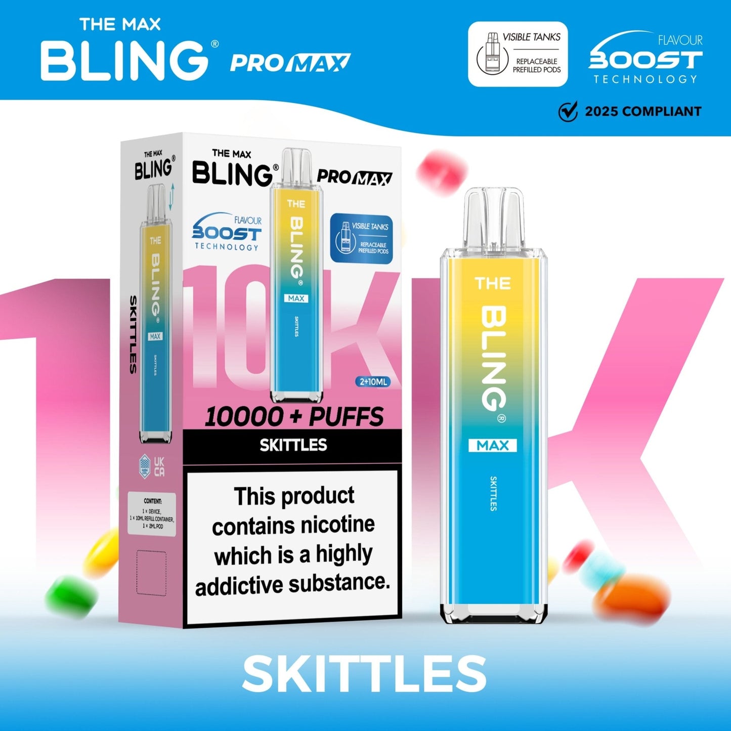 The Crystal Bling Max 10K Prefilled Pod Kit Box of 5, Skittles Flavour