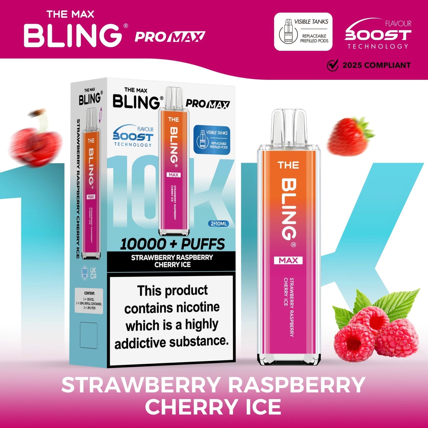 The Crystal Bling Max 10K Prefilled Pod Kit Box of 5, Strawberry Raspberry Cherry Ice Flavour