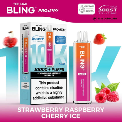 The Crystal Bling Max 10K Prefilled Pod Kit Box of 5, Strawberry Raspberry Cherry Ice Flavour