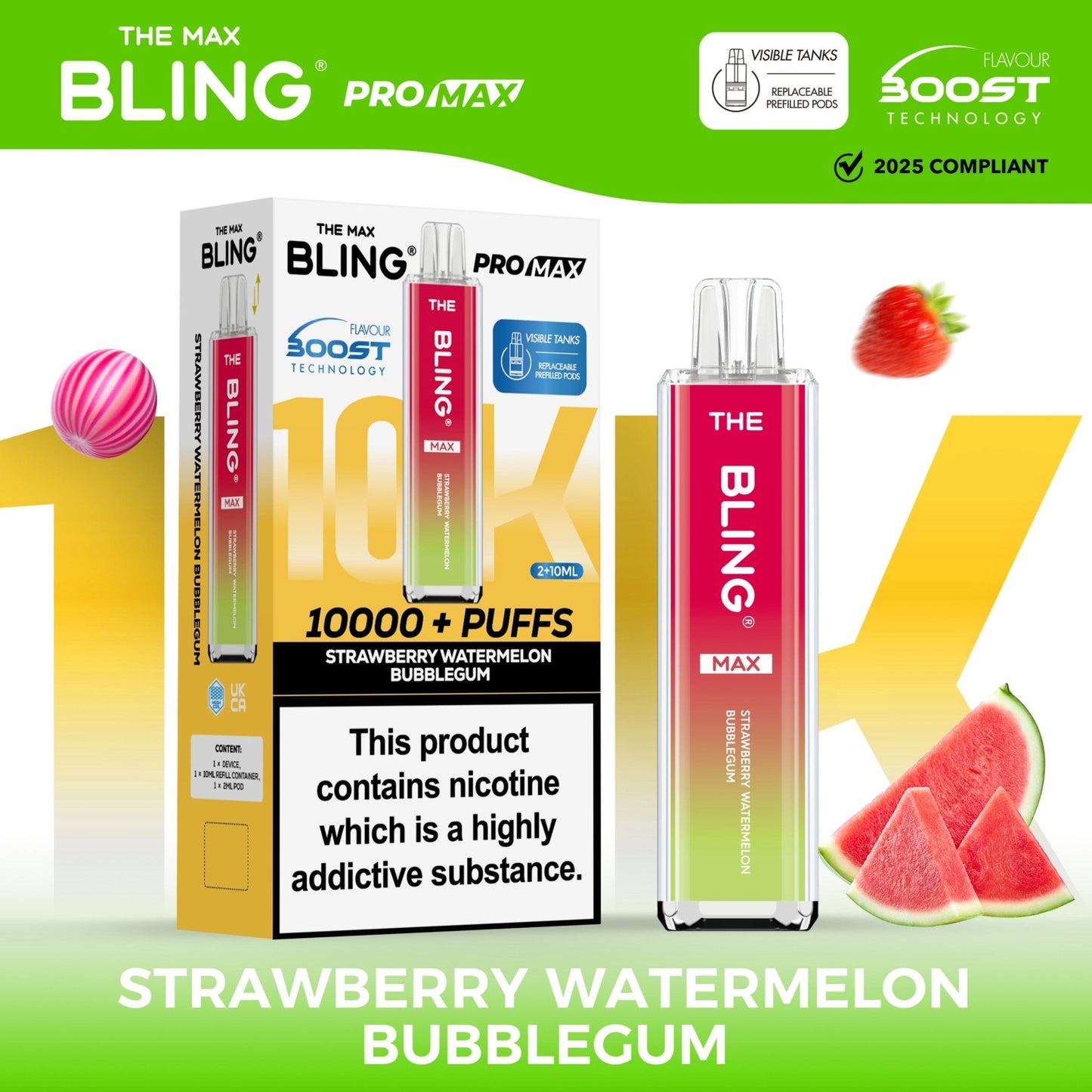 The Crystal Bling Max 10K Prefilled Pod Kit Box of 5, Strawberry Watermelon Bubble Gum Flavour