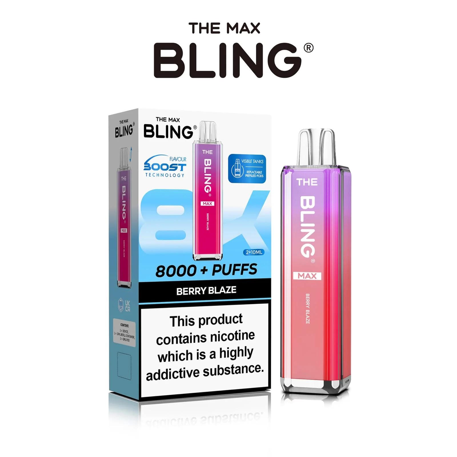 The Crystal Bling Max 8000 Puffs Prefilled Pod Kit Box of 5, Berry Blaze Flavour