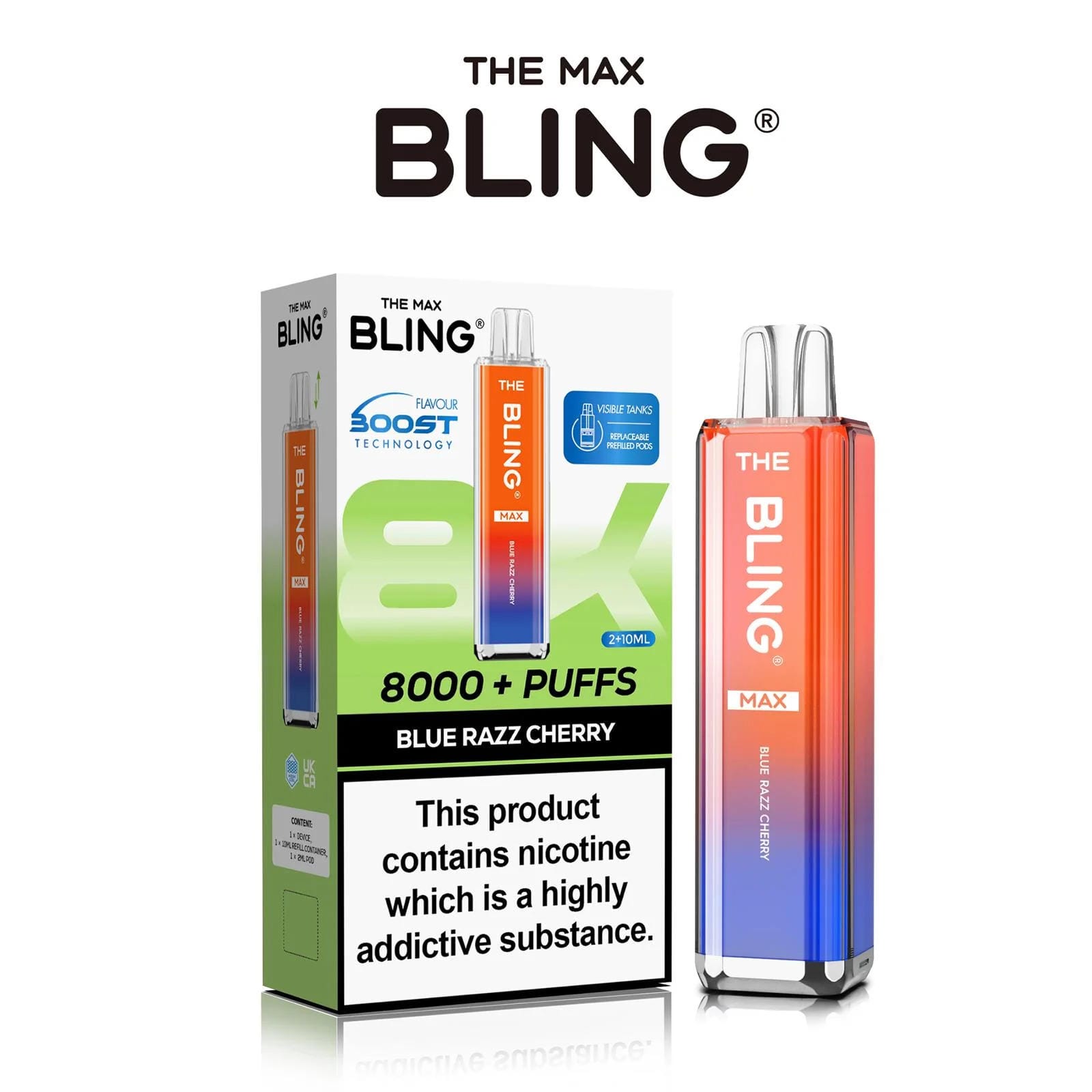 The Crystal Bling Max 8000 Puffs Prefilled Pod Kit Box of 5, Blue Razz Cherry Flavour