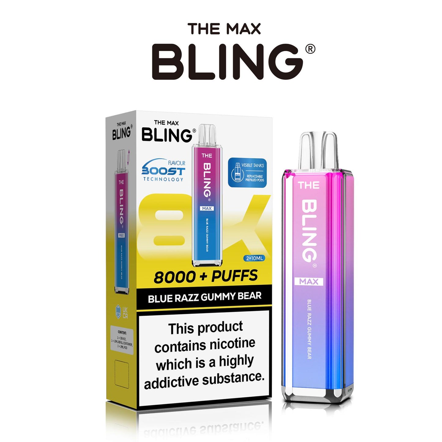 The Crystal Bling Max 8000 Puffs Prefilled Pod Kit Box of 5, Blue Razz Gummy Bear Flavour