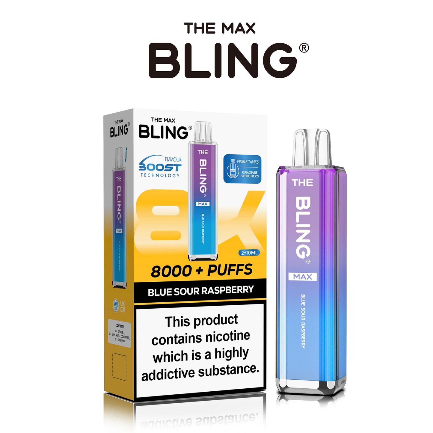 The Crystal Bling Max 8000 Puffs Prefilled Pod Kit Box of 5, Blue Sour Raspberry Flavour