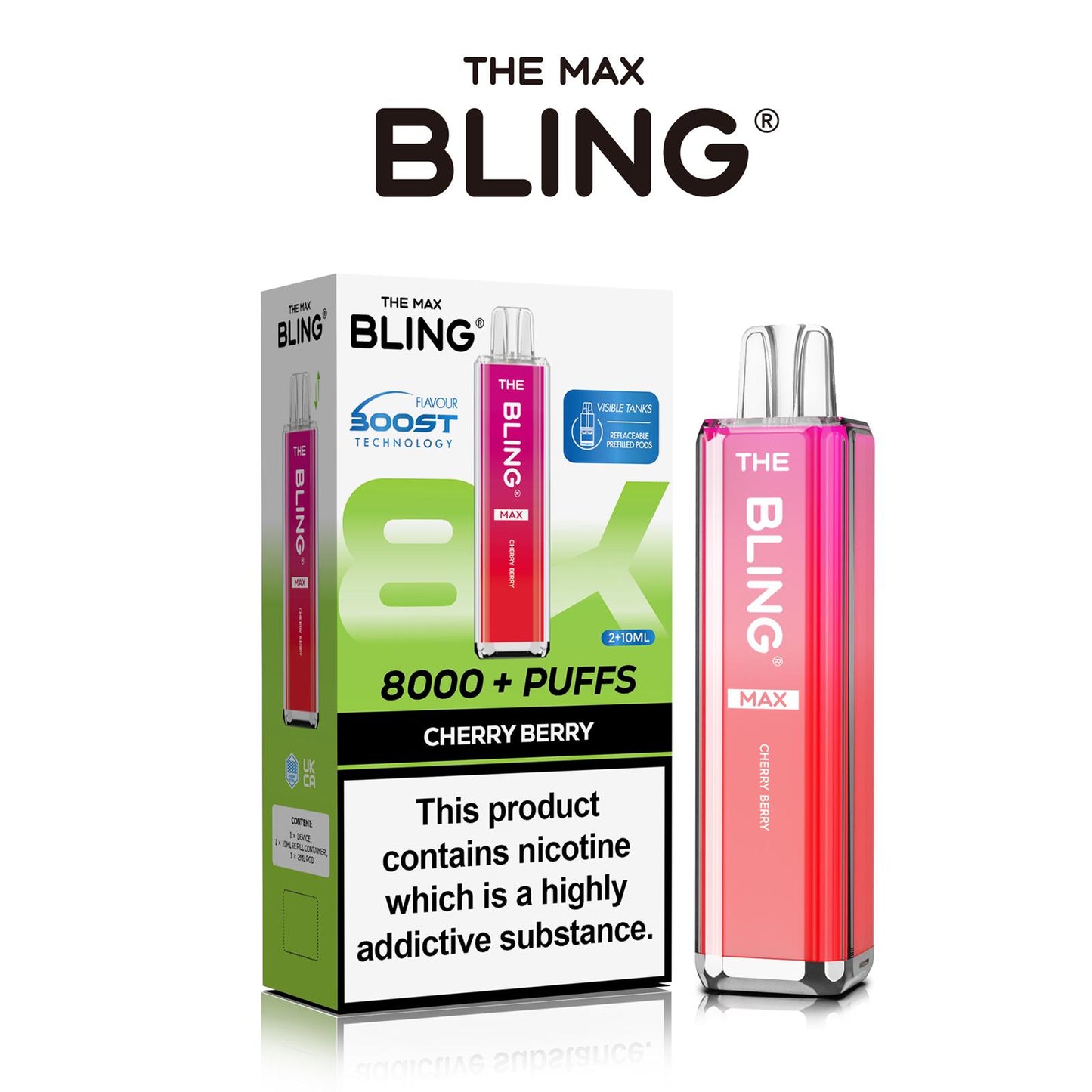 The Crystal Bling Max 8000 Puffs Prefilled Pod Kit Box of 5, Cherry Berry Flavour