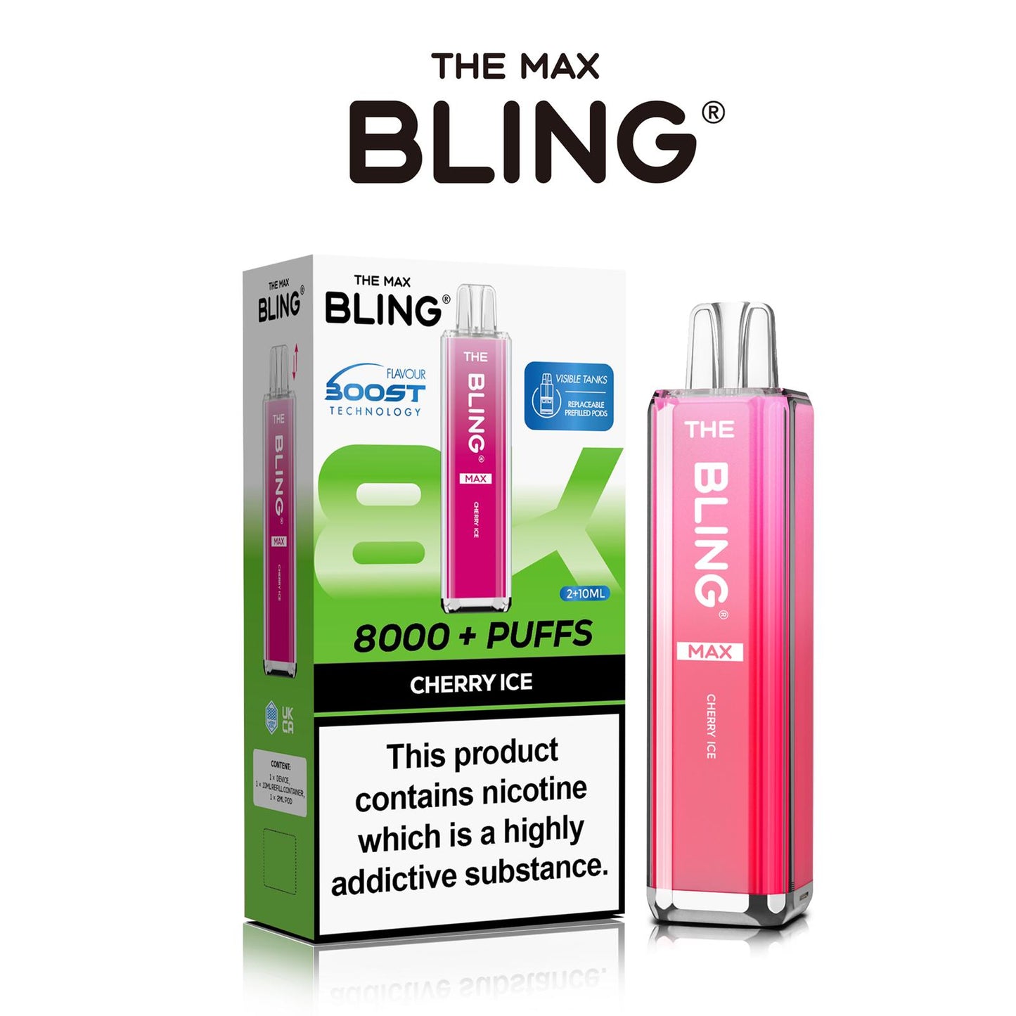 The Crystal Bling Max 8000 Puffs Prefilled Pod Kit Box of 5, Cherry Ice Flavour
