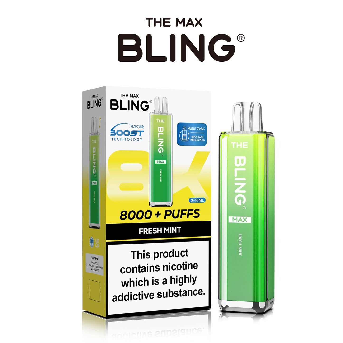The Crystal Bling Max 8000 Puffs Prefilled Pod Kit Box of 5, Fresh Mint Flavour