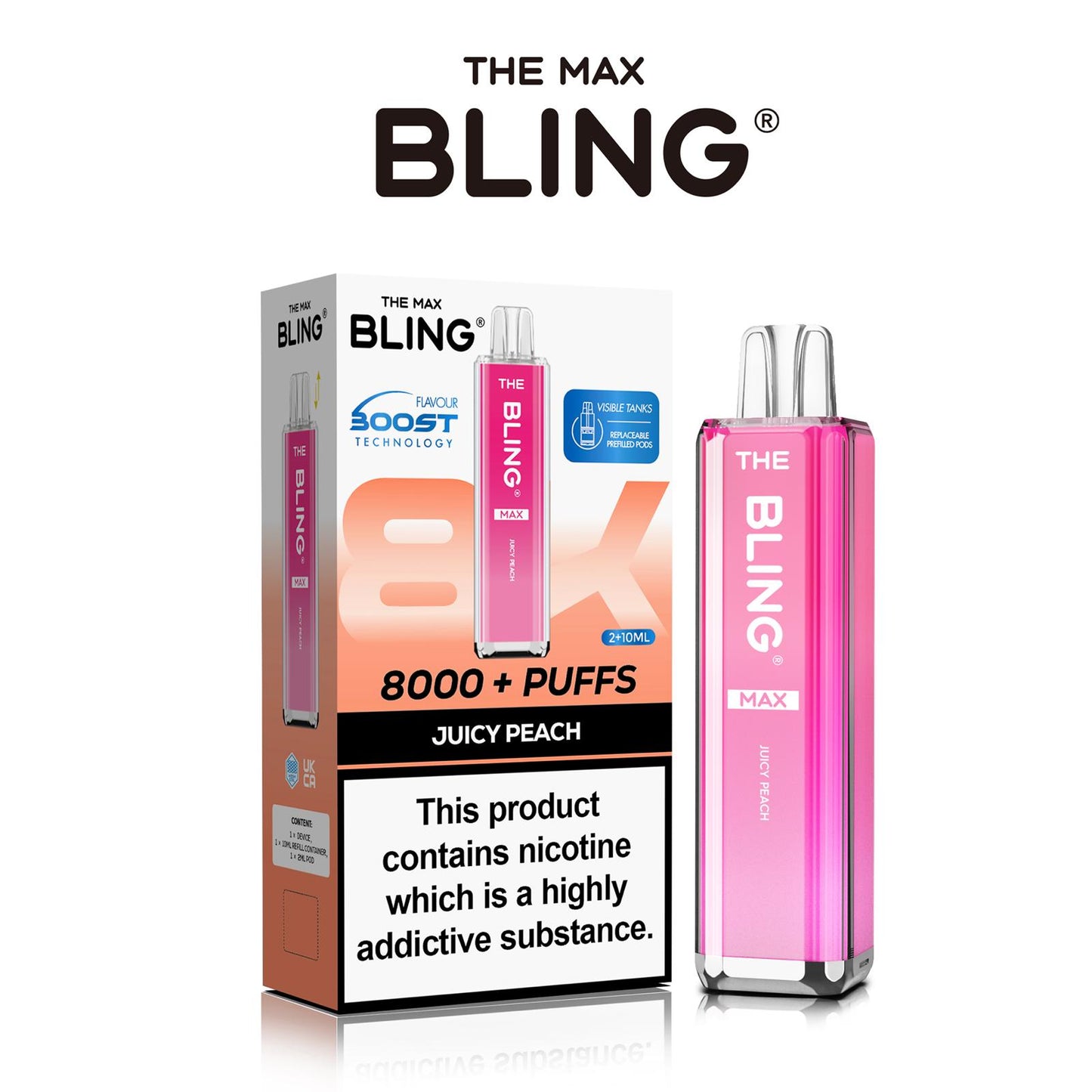 The Crystal Bling Max 8000 Puffs Prefilled Pod Kit Box of 5, Juicy Peach Flavour