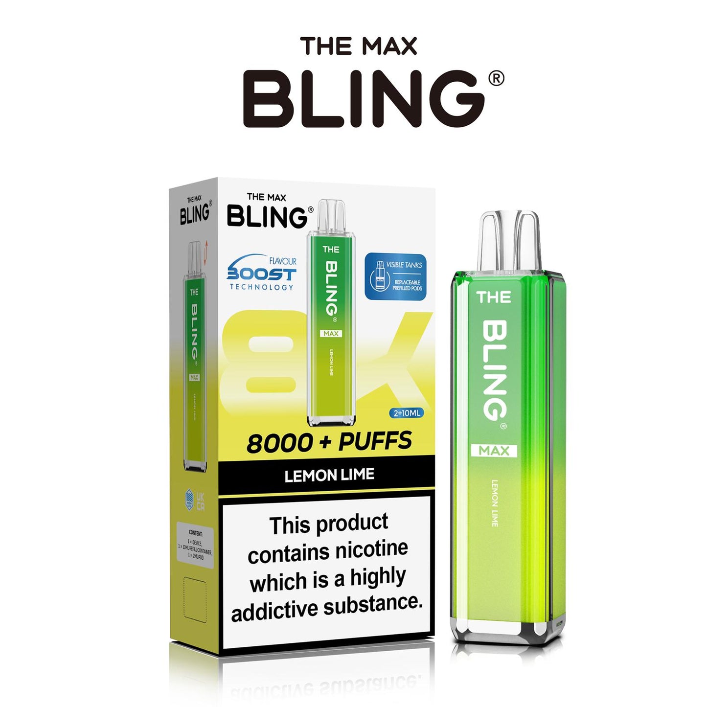 The Crystal Bling Max 8000 Puffs Prefilled Pod Kit Box of 5, Lemon Lime Flavour