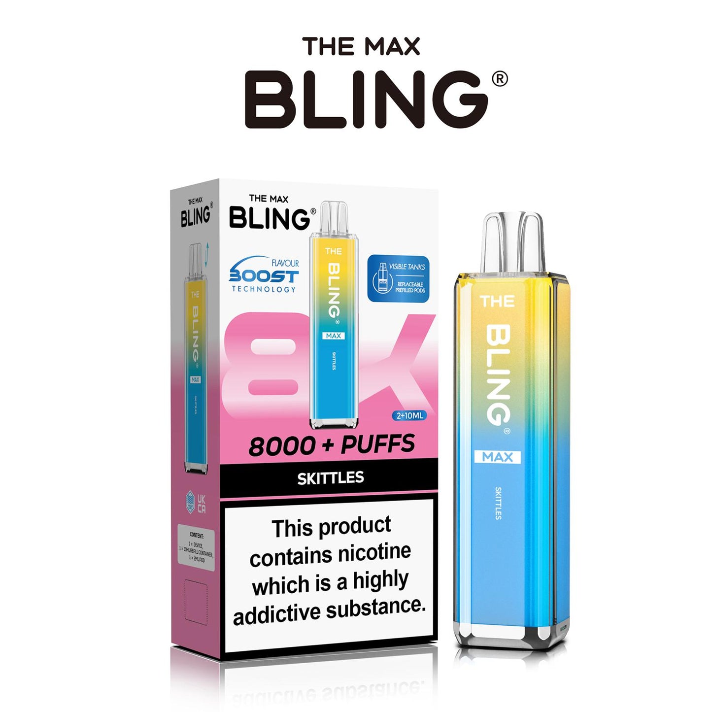 The Crystal Bling Max 8000 Puffs Prefilled Pod Kit Box of 5, Skittles Flavour