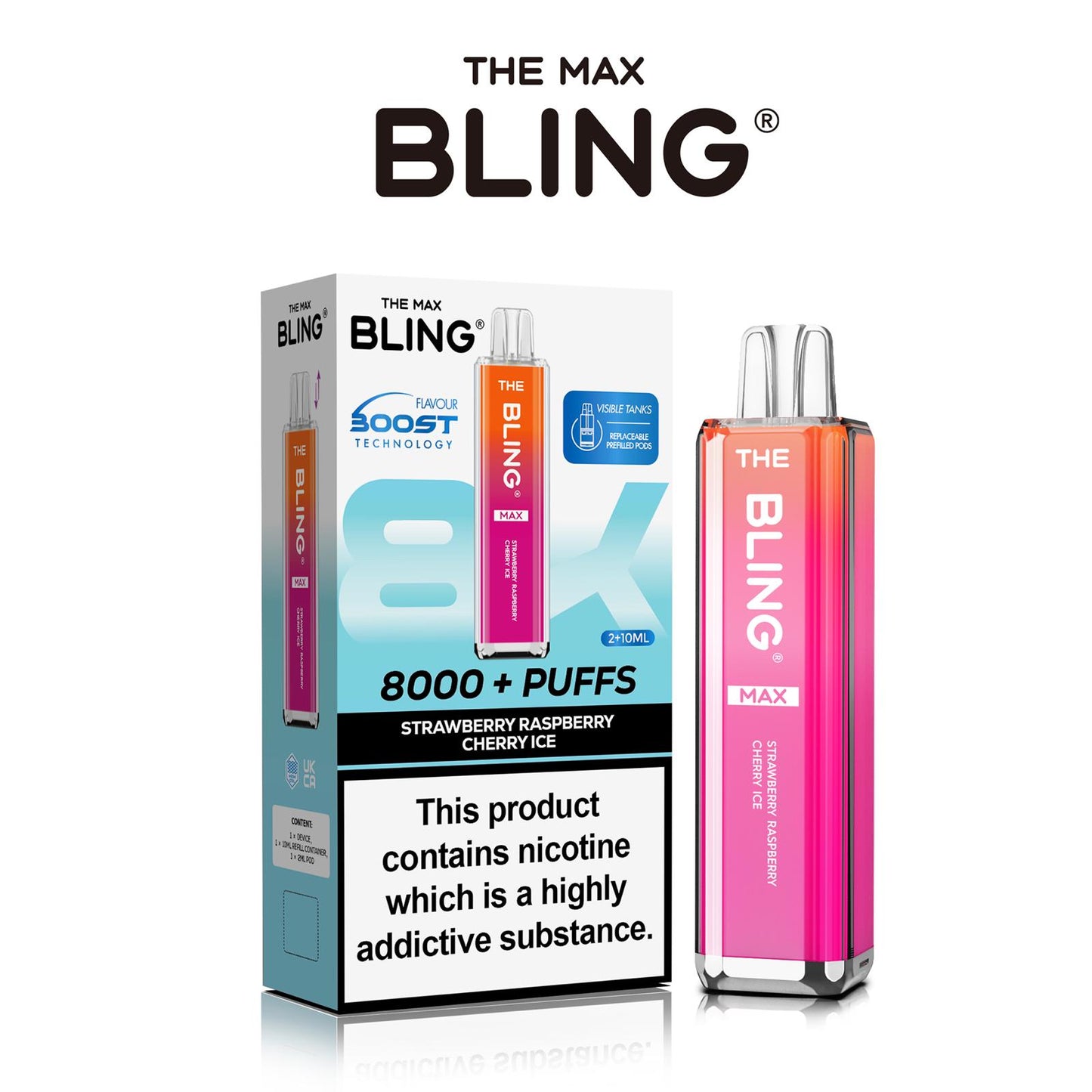 The Crystal Bling Max 8000 Puffs Prefilled Pod Kit Box of 5, Strawberry Raspberry Cherry Ice Flavour