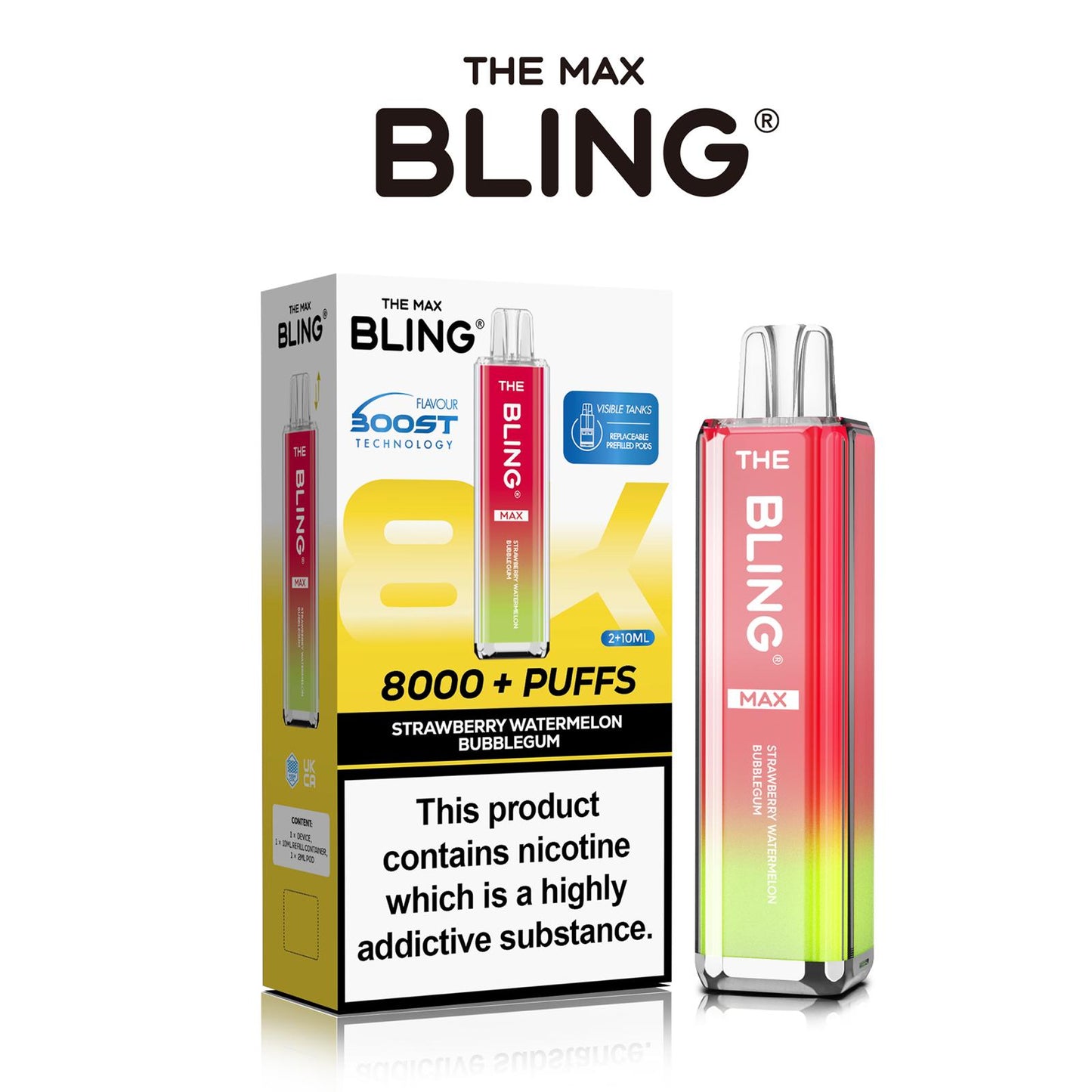 The Crystal Bling Max 8000 Puffs Prefilled Pod Kit Box of 5, Strawberry Watermelon Bubblegum Flavour