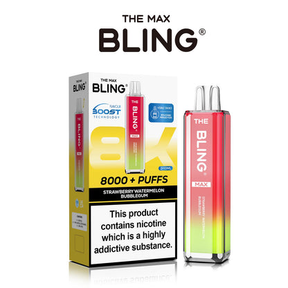 The Crystal Bling Max 8000 Puffs Prefilled Pod Kit Box of 5, Strawberry Watermelon Bubblegum Flavour