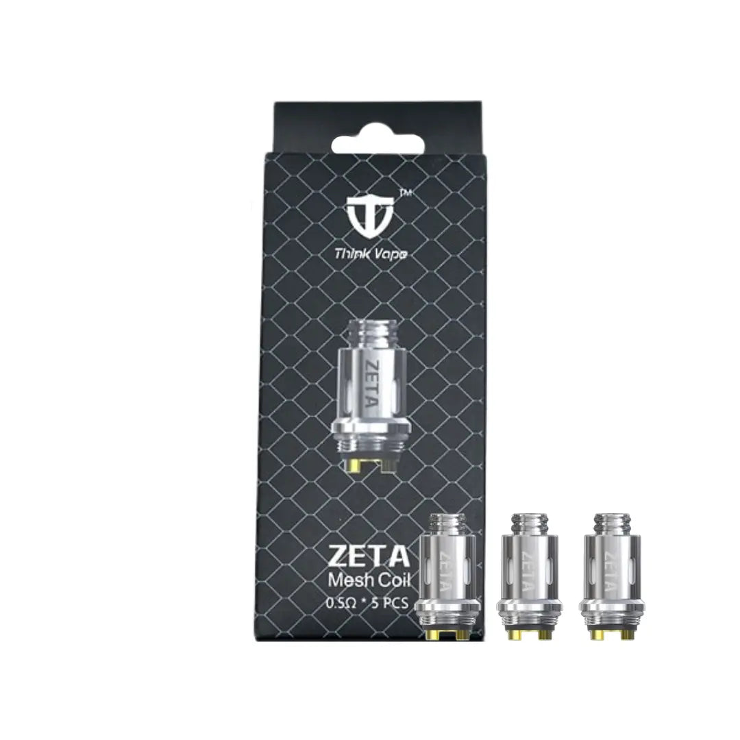 Three silver Think Vape Zeta replacement 0.5 ohm with coils and box, gold contacts, aligned horizontally on a white background.